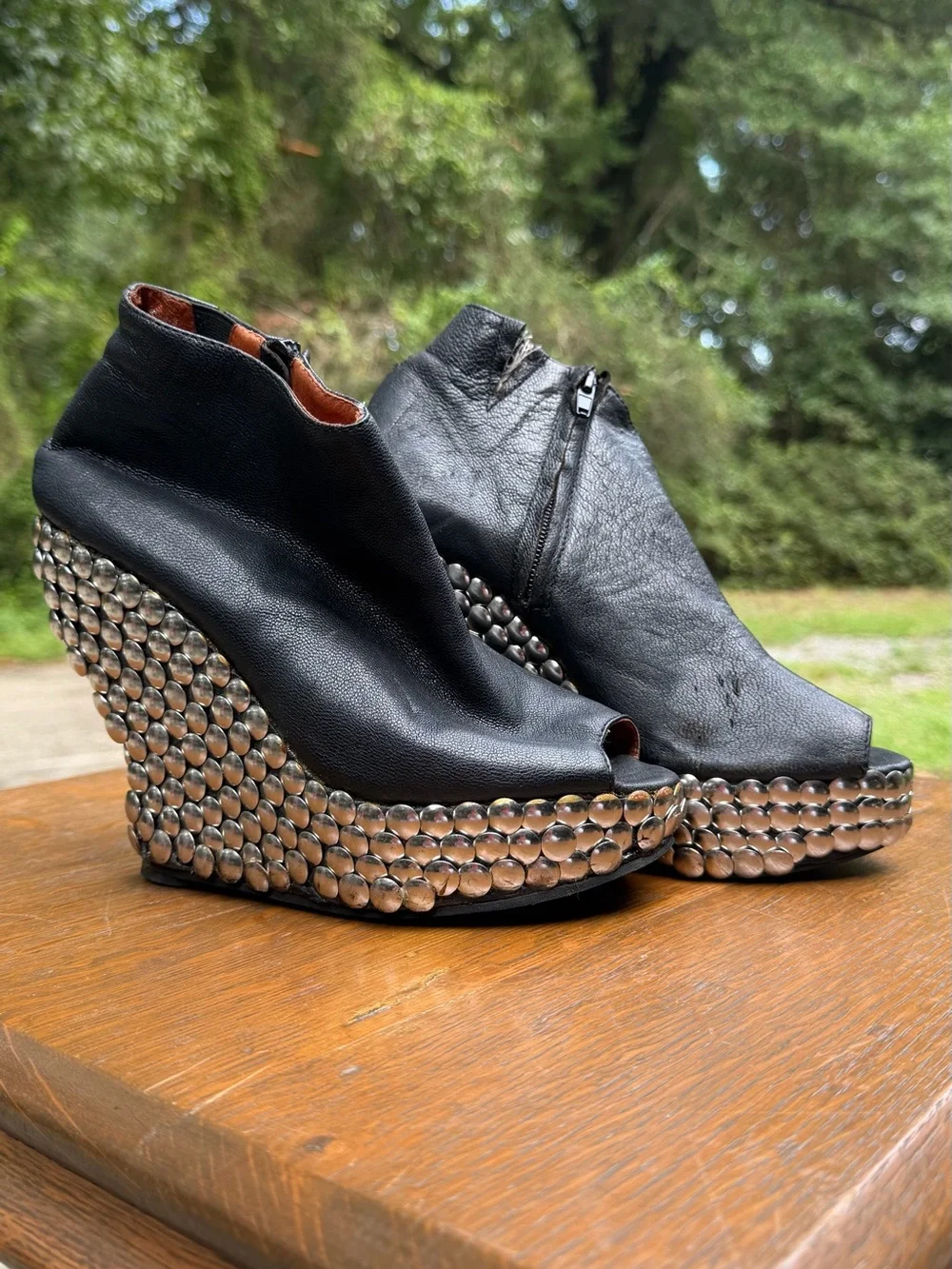 Jeffrey Campbell Tick leather wedge booties 6.5 Silver Tacks
